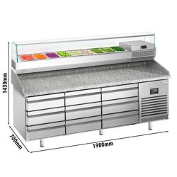 Banco pizza refrigerato PREMIUM PLUS - 1980x700mm - con 9 cassetti - piano in granito - con vetrina ingredienti refrigerata superiore - 9x GN 1/4