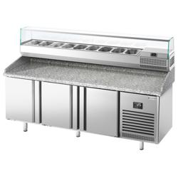Commercial Refrigerated Pizza Prep Counter Premium PLUS - 1980x700 - 3 Doors - Top Display Rail - 9x GN 1/4