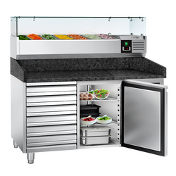 Rashladni pult za pripremu pizze PREMIUM - 1500x800 mm - sa 1 vratima & 7 ladica - uklj. Rashladna nadograđena vitrina - 7x GN 1/4