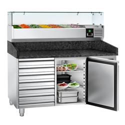 Pizzawerkbank PREMIUM - 1500x800mm - met granieten werkblad - met 1 deur & 7 laden - incl. glasvitrine - 7x GN 1/4