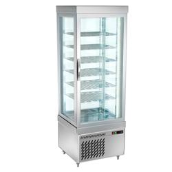 Vetrina congelatore [Marie] - per torte - 430l - 670mm - Triplo vetro - con 6 ripiani rotanti - 4 lati vetro; LED interni - Argento
