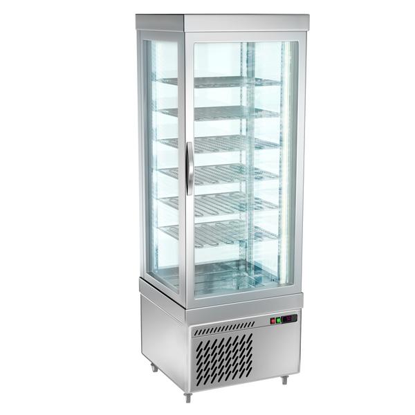 Vetrina congelatore [Marie] - per torte - 430l - 670mm - Triplo vetro - con 6 ripiani rotanti - 4 lati vetro; LED interni - Argento