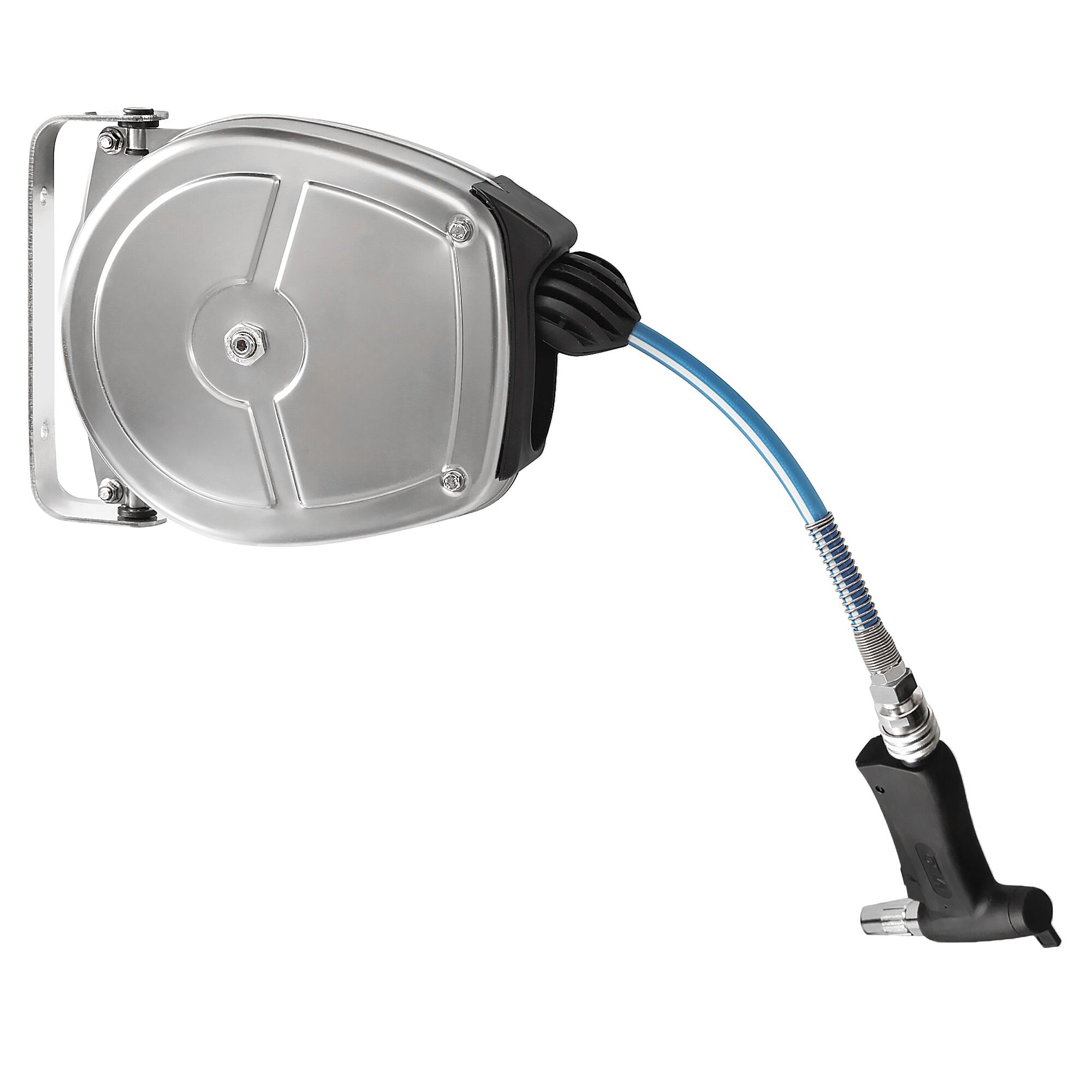 Enrouleur mural automatique en inox avec tuyau - 5m - 125x195mm - H:245mm - avec support mural, douchette