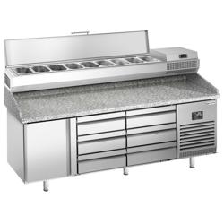 Chladicí stůl na pizzu PREMIUM PLUS - 1980x700 mm - se 1 dveřmi a 6 zásuvkami - se žulovou pracovní deskou - vč. chladicí nástavbové vitríny - 9x GN 1/4