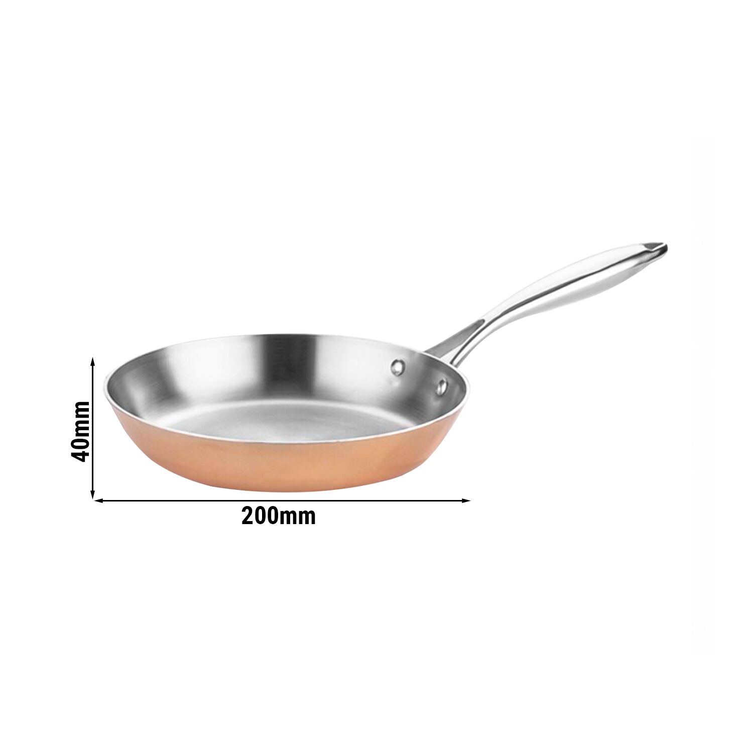 Poêle à frire professionnelle - Cuivre 3 plis (cuivre/alu/inox) - Ø 200mm - Hauteur: 40mm - gaz/électrique/vitrocéramique