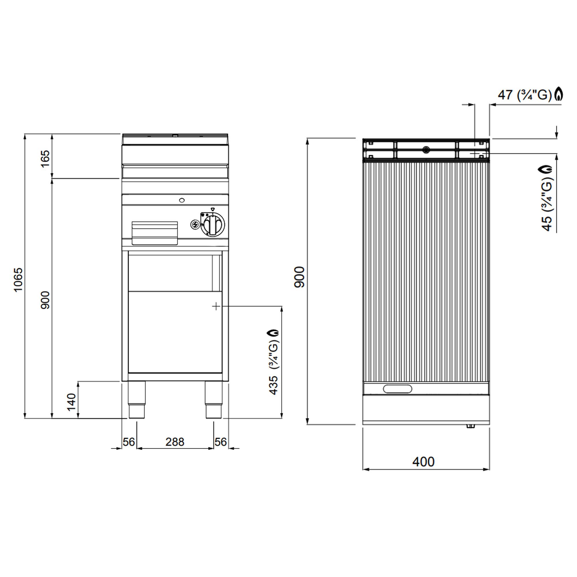 Commercial Gas Griddle - 10kW - Ribbed Plate - Cooking area: 396x667mm - on Stand