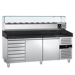 Rashladni pult za pripremu pizze PREMIUM - 2000x800 mm - sa 2 vrata & 7 ladica - uklj. Rashladna nadograđena vitrina - 9x GN 1/3