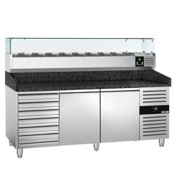 Pizzawerkbank PREMIUM - 2025x800mm - met granieten werkblad - met 2 deuren & 7 laden - incl. glasvitrine - 9x GN 1/3