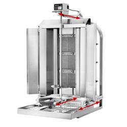 Macchina per Kebab Professionale a Gas  - 3 bruciatori - max 40kg - Da banco - incl. 2 protezioni laterali; 2 sportelli; spiedo; vaschetta raccogli grassi; ugelli metano e GPL