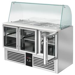Mesa saladette refrigerada PREMIUM - 1368mm - 3 puertas de cristal - con vitrina de cristal para 4x GN 1/1