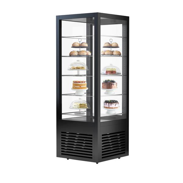Commercial upright glass door display fridge - 440L - 675mm - Double glazing - with 5 glass shelves - front & rear glass doors - for drinks & dairy - Black