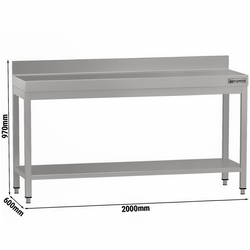 ECO-työpöytä ruostumattomasta teräksestä - 2000x600mm  - perushyllyllä ja jalustalla	