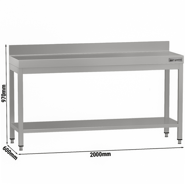 Mesa de trabajo de acero inox.  ECO 2,0 m - con zócalo y estante inferior