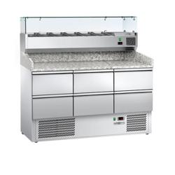 Pizzawerkbank ECO - 1400x700mm - met granieten werkblad - met 6 laden 1/2 - incl. opzetkoelvitrine - 6x GN 1/4