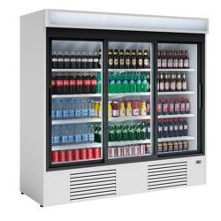 Üvegajtós hűtővitrin - 2081 mm - 2 030 liter - digitális vezérlés - 3 üveg tolóajtó & világító reklámpanel & LED‑világítás