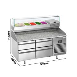 Pizzawerkbank PREMIUM PLUS - 1490x700mm - met granieten werkblad - met 4 laden - incl. glasvitrine - 6x GN 1/4