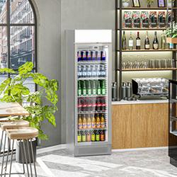 Armário expositor refrigerado para bebidas - 595mm - 358L - design sem moldura - com 1 porta de vidro & painel publicitário iluminado - com indicação/painel digital de temperatura - Cinzento