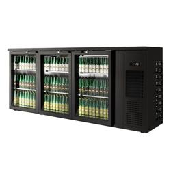 Stół barowy chłodniczy do napojów PREMIUM PLUS - 1989x512x850mm - 469L - z 3 drzwiami uchylnymi, drzwi szklane (potrójnie przeszklone), oświetlenie LED, zamek, 6 półek regulowanych - Czarna