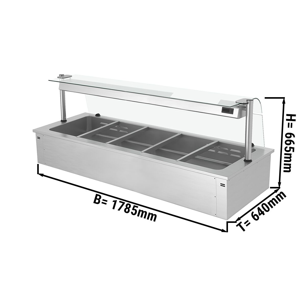 Bain-marie encastrable - 1,8 m - 5x GN 1/1 - avec pare-haleine en verre