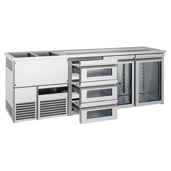Barowy stół chłodniczy PREMIUM - 2500x700 mm - 2 szklane drzwi & 3 szklane szuflady
