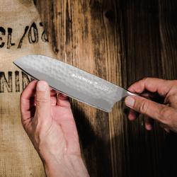 F. DICK | DarkNitro Santoku Knife – 180 mm Blade - Oak Wood Handle - Hammered Finish