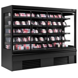 Přístěnný chladicí regál - 2 580 mm - 1 605 l - od 2 do 4 °C - s 4 skleněnými křídlovými dveřmi, s dvojitým zasklením & 4 policemi - černá