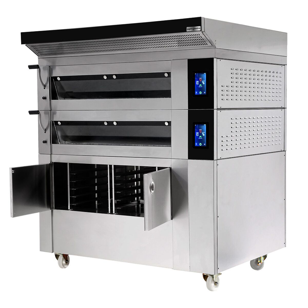 Four à étages de boulangerie avec fonction vapeur - tactile - 2 chambres de cuisson - avec hotte et chambre de fermentation 8 x EN 600 x 400 - inox