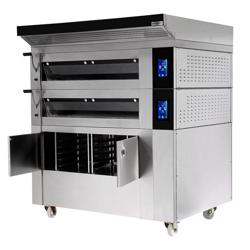 Four à étages de boulangerie avec fonction vapeur - tactile - 2 chambres de cuisson - avec hotte et chambre de fermentation 8 x EN 600 x 400 - inox