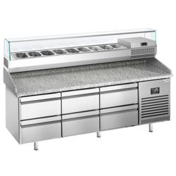 Pizzawerkbank PREMIUM PLUS - 1980x700mm - met granieten werkblad - met 6 laden - incl. glasvitrine - 9x GN 1/4