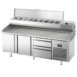 Mesa pizzera refrigerada PREMIUM PLUS - 1980x700mm - encimera de granito - con 2 puertas ciegas y 2 cajones - incl. vitrina refrigerada superior - 9x GN 1/4