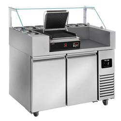 Commercial Refrigerated Prep Table PREMIUM – Glass Top – 2 Doors – 1210 mm – for 9× GN 1/6 – Includes contact grill