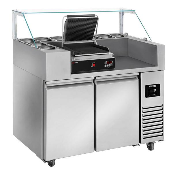 Stół chłodniczy przygotowawczy - 1210x700mm - z 2 drzwi - na 9x GN 1/6 - w zestawie: Cyfrowy grill kontaktowy