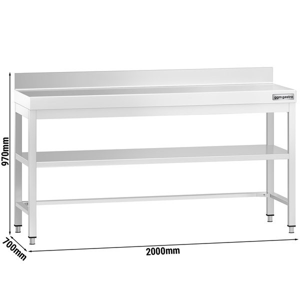 Edelstahl Arbeitstisch PREMIUM - 2000x700mm - mit Grundboden, Aufkantung & Verstrebung