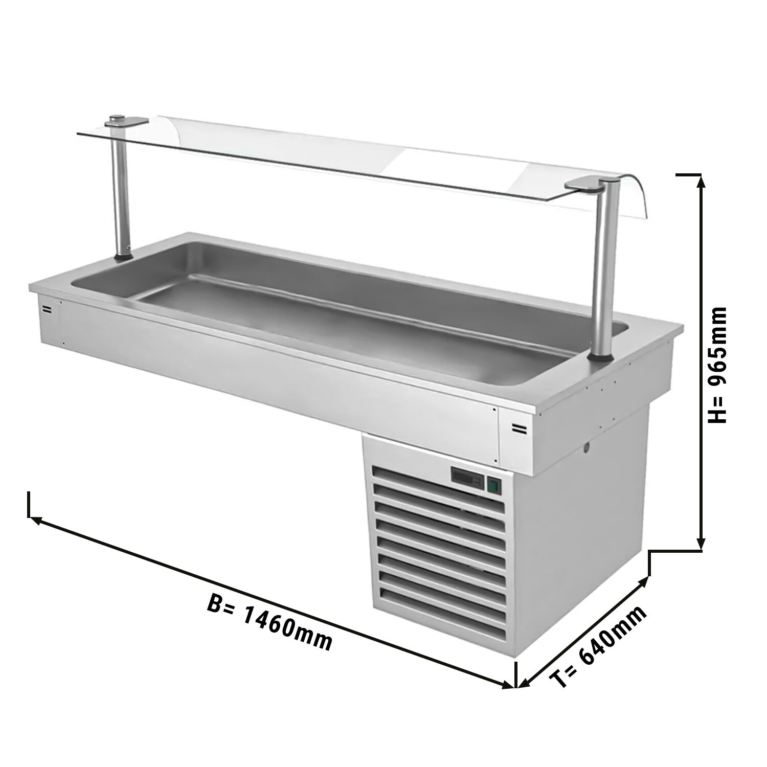 Cuve réfrigérée encastrable Drop-In - 1500mm - +2 à +8°C - 4x GN 1/1 - 390W - avec pare-haleine en verre