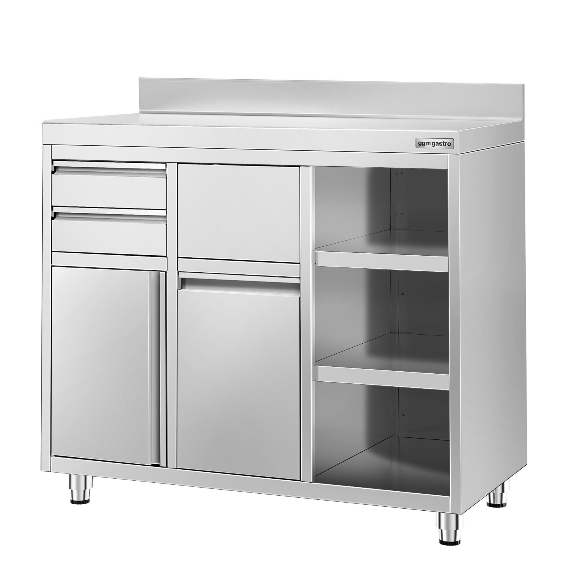 Table armoire en acier inoxydable - 1200x600mm - avec portes battantes - avec dosseret - pour cafetière à filtre (machine à café) - avec 2 tiroirs