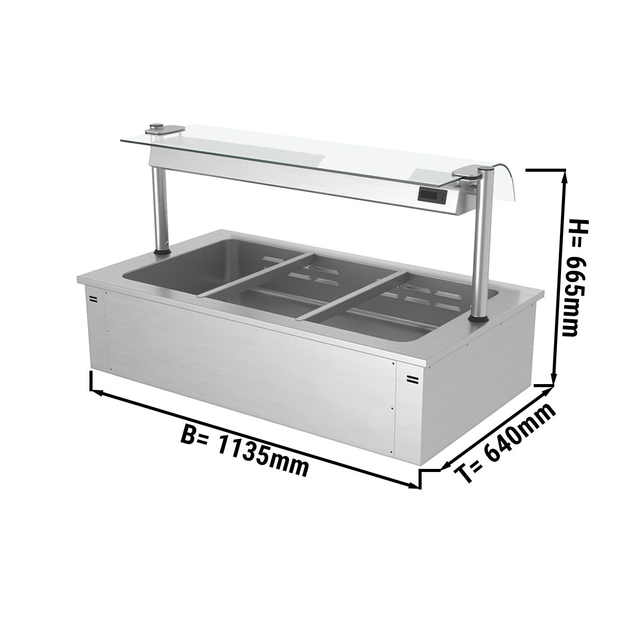 Bain-marie encastrable - 1,1 m - 3x GN 1/1 - avec pare-haleine en verre