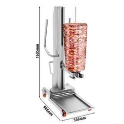 Elevador de Kebab profissional - 568x986x1605mm - 350kg - Aço inoxidável AISI 430 - com para espetos 15x15mm & hidráulico & com bandeja de recolha & braço giratório com rolamentos & rodas com travão & unidade de elevação substituível - Norma CE