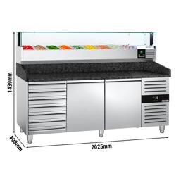Pizzawerkbank PREMIUM - 2025x800mm - met granieten werkblad - met 2 deuren & 7 laden - incl. glasvitrine LED - 9x GN 1/3