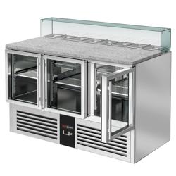 Commercial Saladette Prep Station PREMIUM – 3 Doors – GN 1/1 Pan Well – 1,368×700 mm – +2 to +8 °C – Glass top; granite worktop; 35 mm insulation