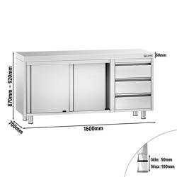 Edelstahl Arbeitsschrank PREMIUM - 1600x700mm - mit 3 Schubladen rechts ohne Aufkantung