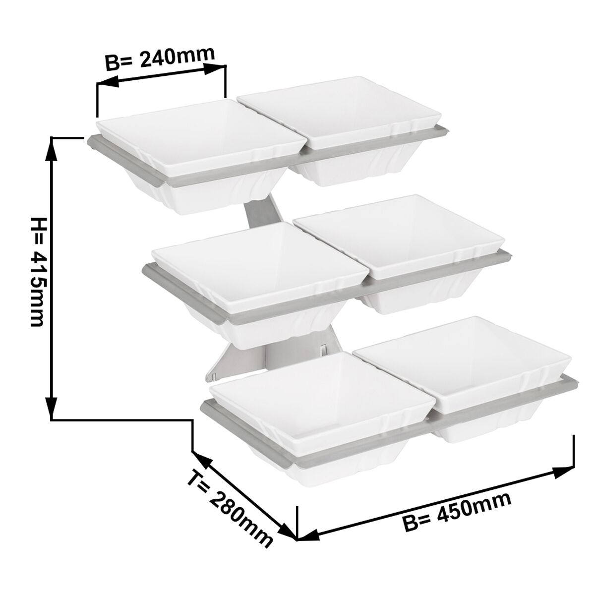 Présentoir buffet / étagère - incl. 6 bols en mélamine - rectangulaires