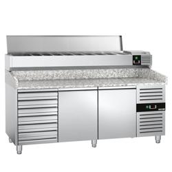 Chladicí stůl na pizzu PREMIUM - 2000x800 mm - se 2 dveřmi a 7 zásuvkami - se žulovou pracovní deskou - vč. chladicí nástavbové vitríny s LED osvětlením - 9x GN 1/3