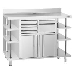 Masă de lucru tip dulap din oțel inoxidabil - 1960x600 mm - 2 uși batante - 2 sertare - cu rebord