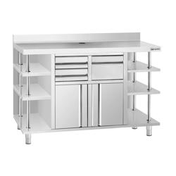 Szafka robocza ze stali nierdzewnej - 1960x600mm - z do ekspresu do kawy, 2 szuflady, drzwi na zawiasach, półki 3-poziomowe po lewej i prawej stronie, z rantem - pod ekspres do kawy