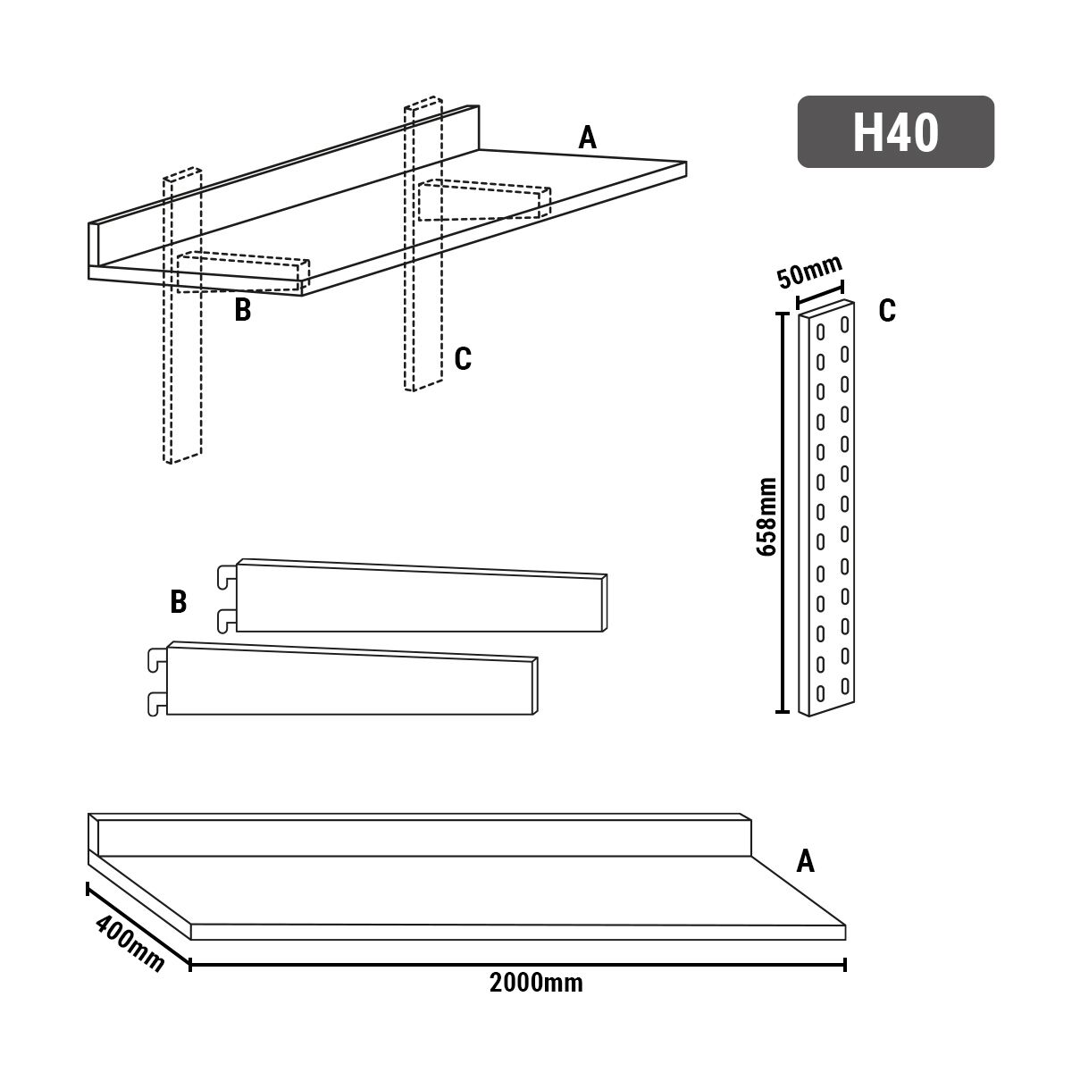 Wandborde PREMIUM - 2000x400mm - mit 2 Etagen