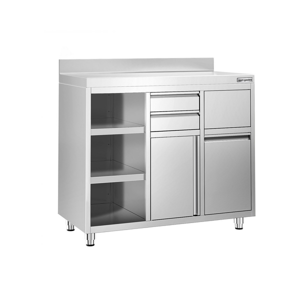 Work cabinet - for coffee machine - 1200x600mm - with knocker, 2 drawers, 1 door, waste garbage can & upstand