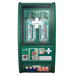 Trousse de premiers secours - remplie - Vert - avec distributeur de pansements, 2 flacons de rinçage oculaire, contenu conforme hygiène et sécurité