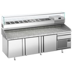 Pizzakylmäpöytä PREMIUM PLUS - 2305x800 mm - 3 ovea & 1 vetolaatikkoa - sis. kylmävitriini lasisuojuksella - 10 x GN 1/3 -astiaa