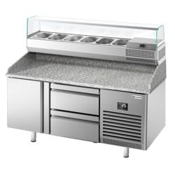 Chladicí stůl na pizzu PREMIUM PLUS - 1490x700 mm - se 1 dveřmi a 2 zásuvkami - se žulovou pracovní deskou - vč. chladicí nástavbové vitríny - 6x GN 1/4 - se skleněným krytem