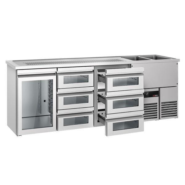 Barowy stół chłodniczy PREMIUM - 2500x700mm - 1 szklane drzwi & 6 szklanych szuflad